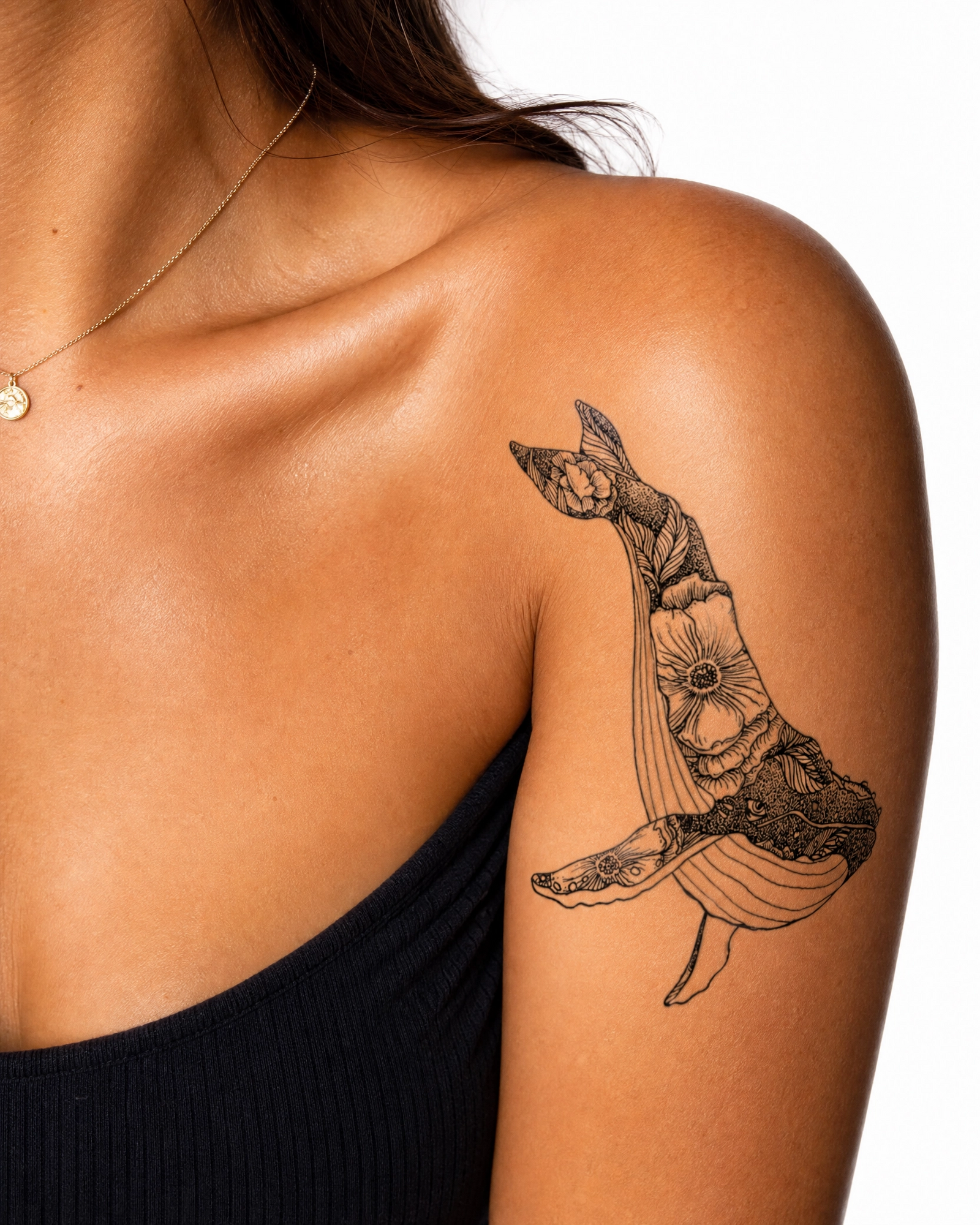 Boldink Floral Whale Temporary Tattoo, Lasts Up To 15 Days New Technology Magic Waterproof Semi Permanent Sticker.