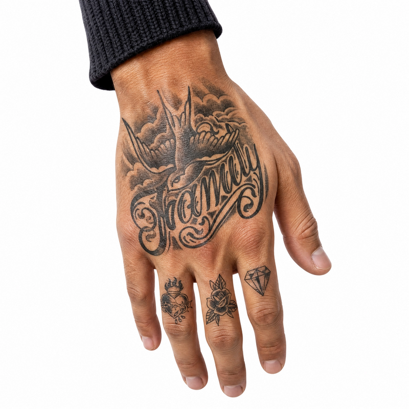 Semi-Permanent Waterproof Tattoos, Retro Graffiti Style - "Family & Dream" Rose and White Dove Pattern - Fashionable English Men's Tattoo - Temporary Tattoo for Neck, Hand, Finger, Lasts 15 Days