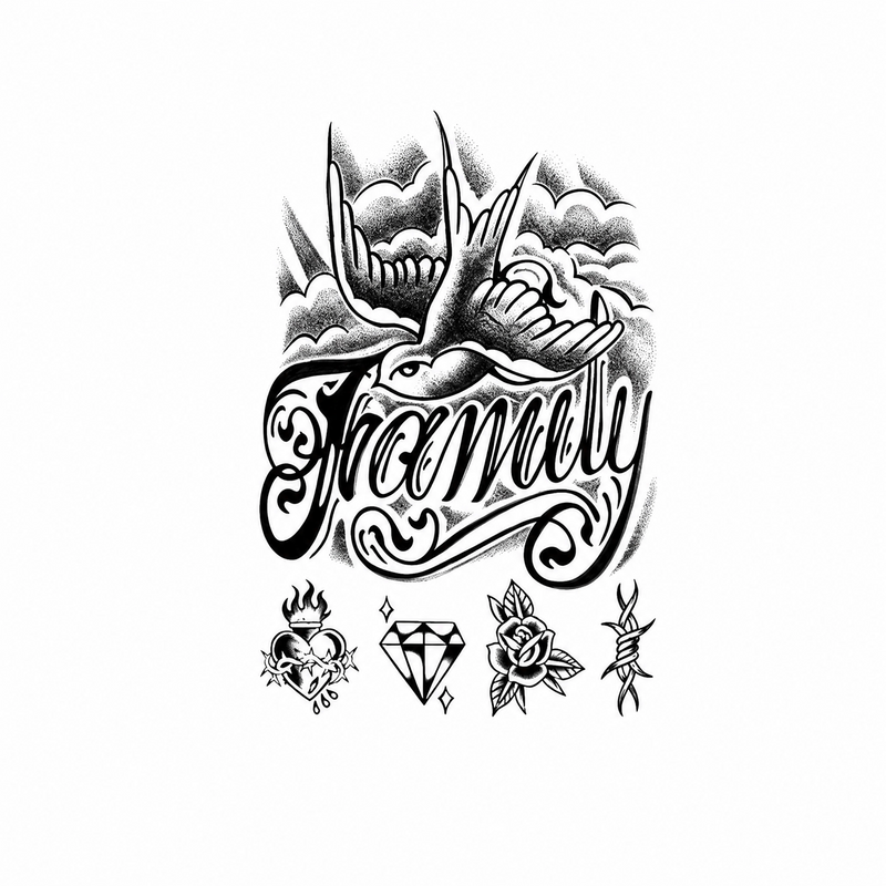 Semi-Permanent Waterproof Tattoos, Retro Graffiti Style - "Family & Dream" Rose and White Dove Pattern - Fashionable English Men's Tattoo - Temporary Tattoo for Neck, Hand, Finger, Lasts 15 Days
