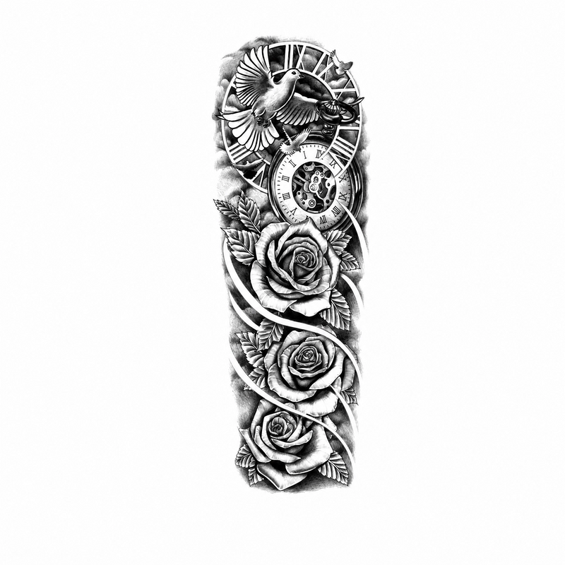 Large Full Arm Sleeve Waterproof Temporary Tattoo Sticker Clock Rose Flower Dove Bird Totem Fake Tattoo Body Art Men Women Leg